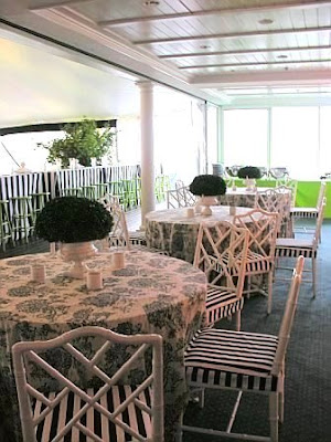 Black and white toile tablecloths white Chippendale chairs with black and