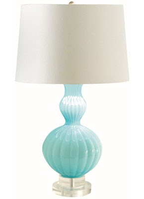 Aqua glass table lamp with lucite base and silver ball finial. White silk shade with silver foil interior