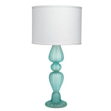 Blue sea glass table lamp with white linen drum shade