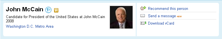 John McCain's profile on linkedin professional network