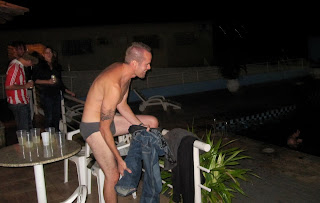 A drunk Noah preparing for the freezing pool.