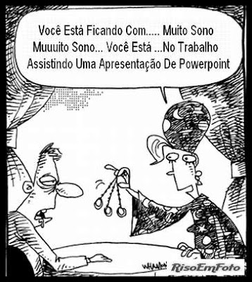 Charge (desenho ou cartoon) alude à chatice sonífera das apresentações de PowerPoint como técnica de Hipnose.