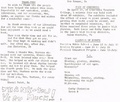 Page 3 (bottom half) of the May 1968 issue of Hi Lights, the student newspaper of St John Elementary School in Seward, Nebraska. The image was scanned from a paper copy belonging to Steve Sylwester.