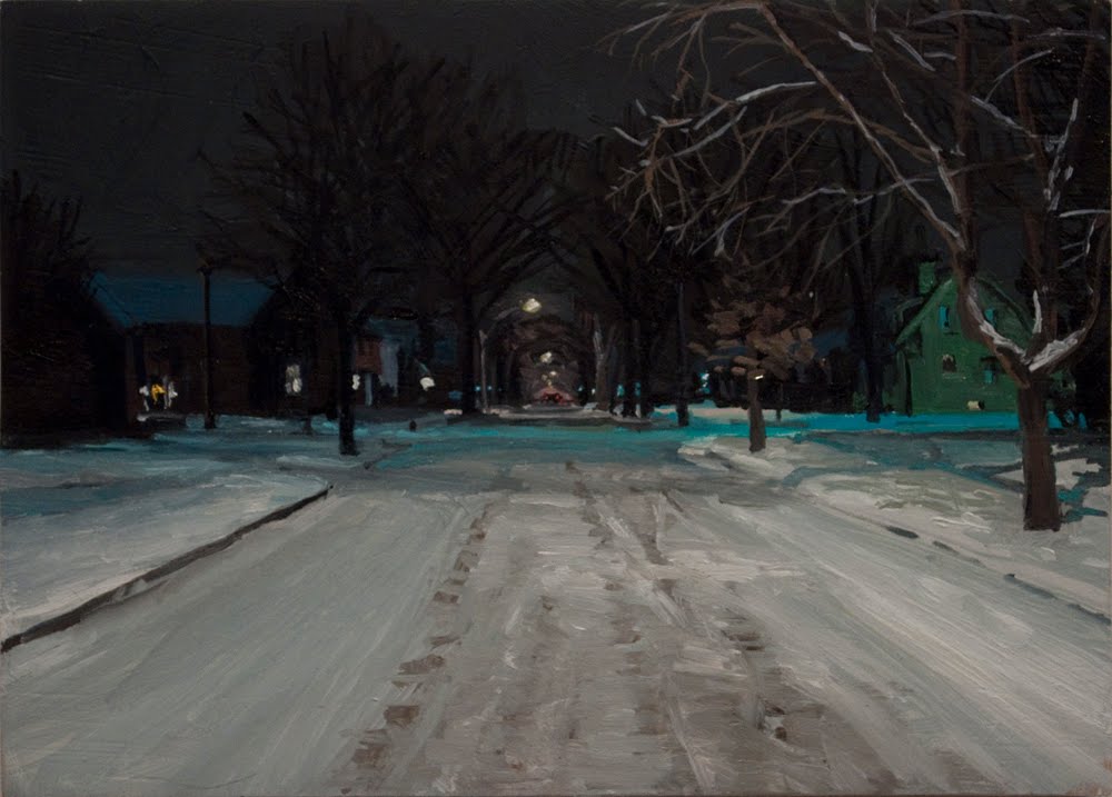 Snowy Street Night Oil on Birch panel 2011 5x 7