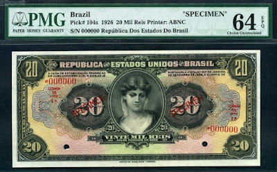 Brazil banknotes currency 20 Mil Reis bill