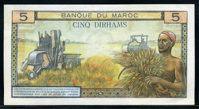 banknotes currency values 5 Dirhams Morocco 1969