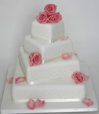 Wedding Cake square white Twisted Pink Roses with Pearl Beading