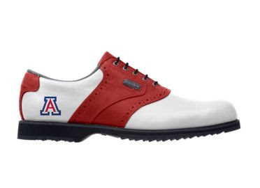 Red and white University of Arizona golf shoe with a logo near the heel and black laces.