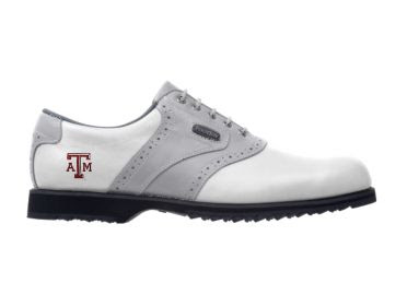 A and M Aggies golf shoe that is gray and white with a Texas A&M Aggies logo on the side.