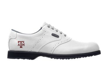 White Texas A&M golf shoe with the school logo on the side of a classic design for a men's size 10 shoe made by Footjoy with a black rubber sole.