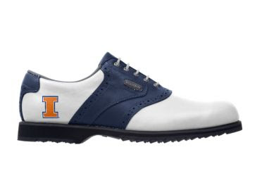 U of I golf shoe that is white with blue women's design on size 8 shoe with school logo on the heel of this Footjoy product.