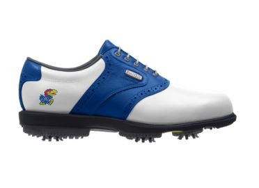 KU Jayhawks golf shoe with Baby Jay near the arch support of this ladies shoe size 7 with large rubber cleats and a blue style with a Footjoy logo.