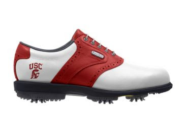 USC Trojans golf shoe that is red and white with a SC logo on the heel above the large black plastic spikes.