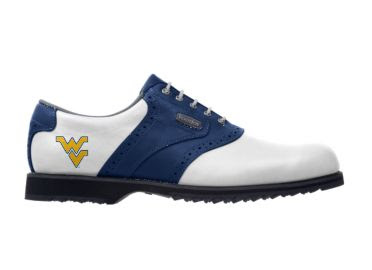 WVU golf shoe that is white with blue stripe and gold college logo on the side of Footjoy product.