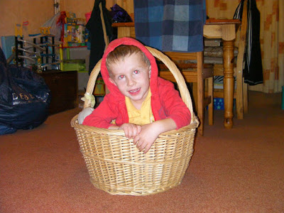 little red riding hood, boy in a giant wicker basket