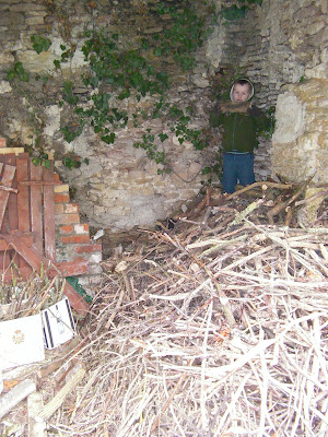 pile of drying kindling wood in detached outbuilding dry stone wall