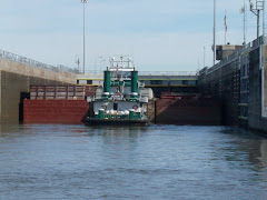 A tow, ( tugboat)  pushing 9 barges into a lock.  Maybe 3 extra feet on each side? Some skill!