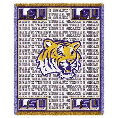 White LSU Tigers blanket with yellow tiger head and purple trim.