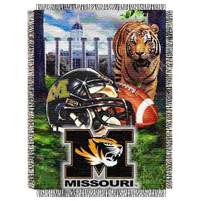 University of Missouri football throw blanket picturing the Francis Quadrangle, the columns, and Jesse Hall along with a live Tiger and a Mizzou football helmet.