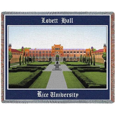 Rice University tapestry blanket showing Lobett Hall.