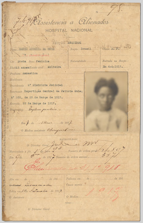 Prontuário  de uma Mulher no Hospício Nacional de Alienados - RJ (1917)