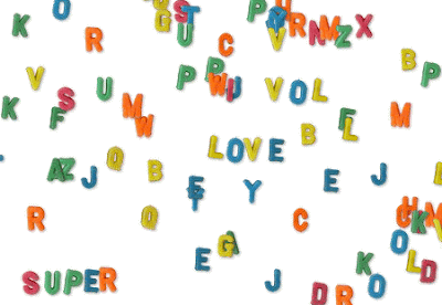 Image of virtual magnetic fridge letters scattered all around. Some of the discernable words include, Love, Super and Old