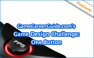 GameCareerGuide's Game Design Challenge: One Button - Image of a game button marked with the letters F.P.S. - for First Person Shooter.