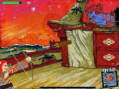 Image of the game Gambler. An oriental half-man half-cat fires arrows on an ornate ancient boat, towards a blue monster.