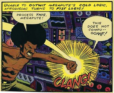 Image of a martial-arts super-hero called Afrodisiac punching an obstinate super-computer called Megapute.