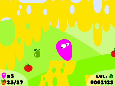 Image of one-switch cartoon platform game, Wobble Bob. Purple plectrum shape with googly eyes jumping around platforms looking a bit like swiss cheese, trying to collect various fruit.