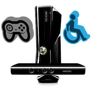 Image of Microsoft's slim-black Xbox 360 with Kinect, flanked by symbols for a game controller and the universal symbol of accessibility.
