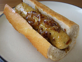 Vegan Beer Cooked Sausage and Onions in Crusty French Roll