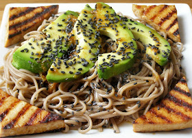 spicy soba noodle and avocado salad with pan grilled tofu