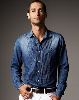 mens fashion Valentino Collection Pleated Denim Shirt