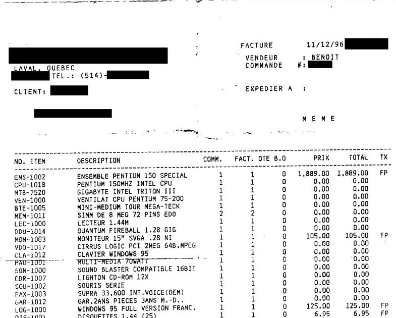 Code 18 Facture d'ordinateur acheté en 1996