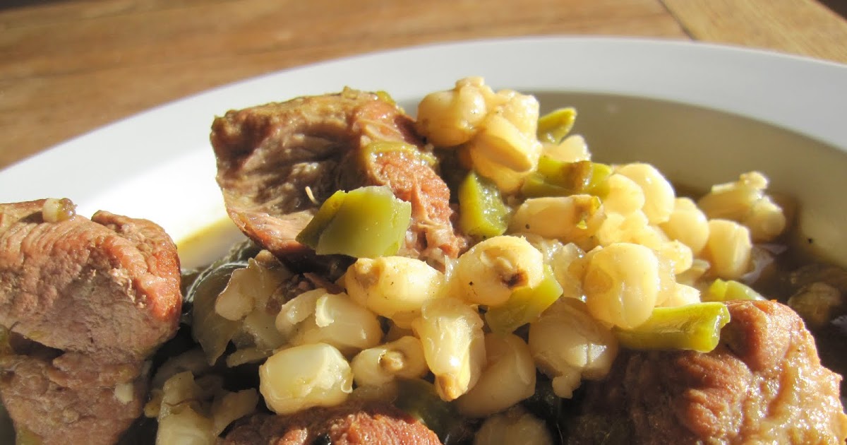 Recipe Pork green chile posole stew with nopales
