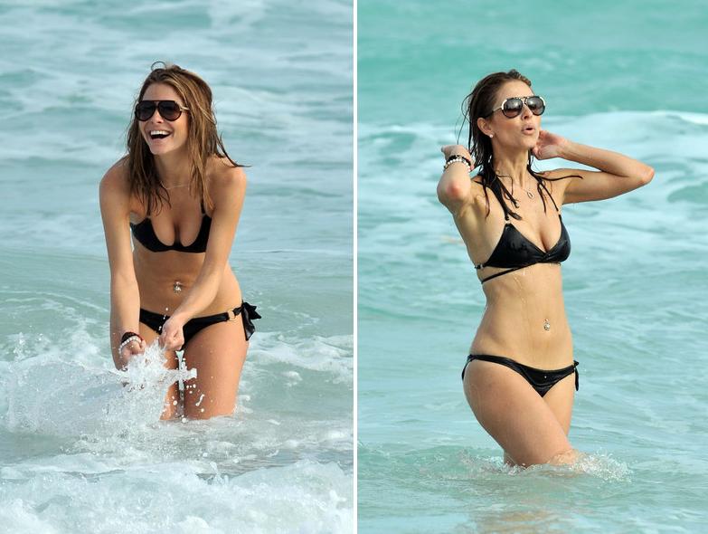 Maria Menounos in a black bikini on Miami Beach.
