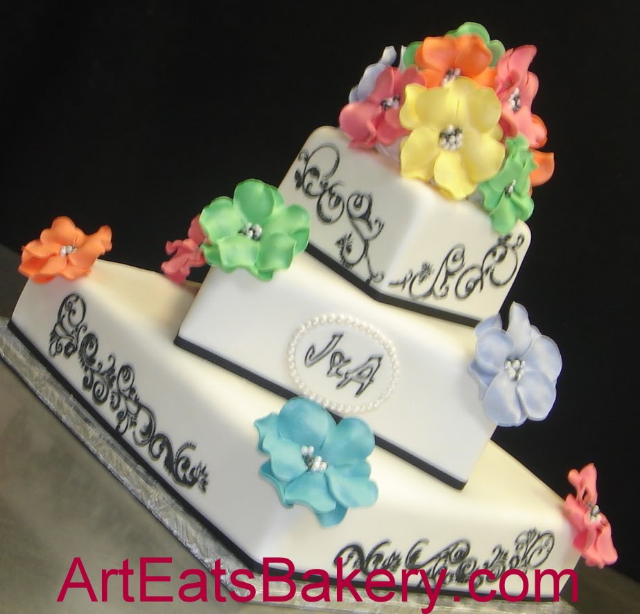 Tree+tier+black+and+white+fondant+square+wedding+cake+with+rainbow Tree+tier+black+and+white+fondant+square+wedding+cake+with+rainbow