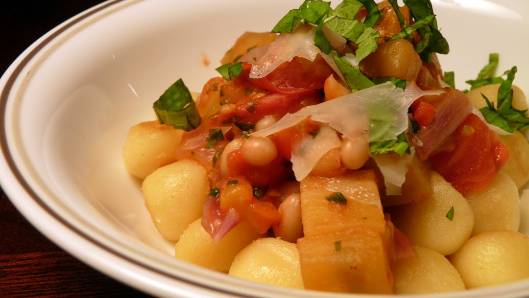 Toasted Gnocchi with Eggplant, White Beans and Plum Tomatoes