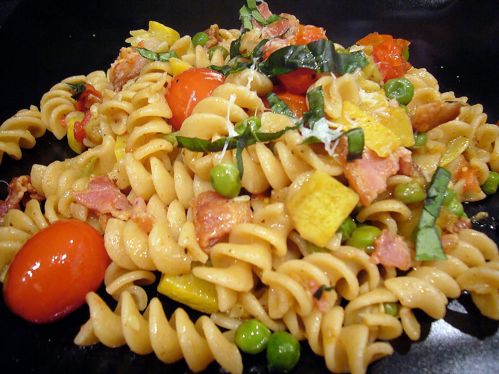 Rotini with Bacon, Tomato, Green Peas, and Yellow Squash Katie's Cucina