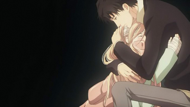 sad anime couple hugging