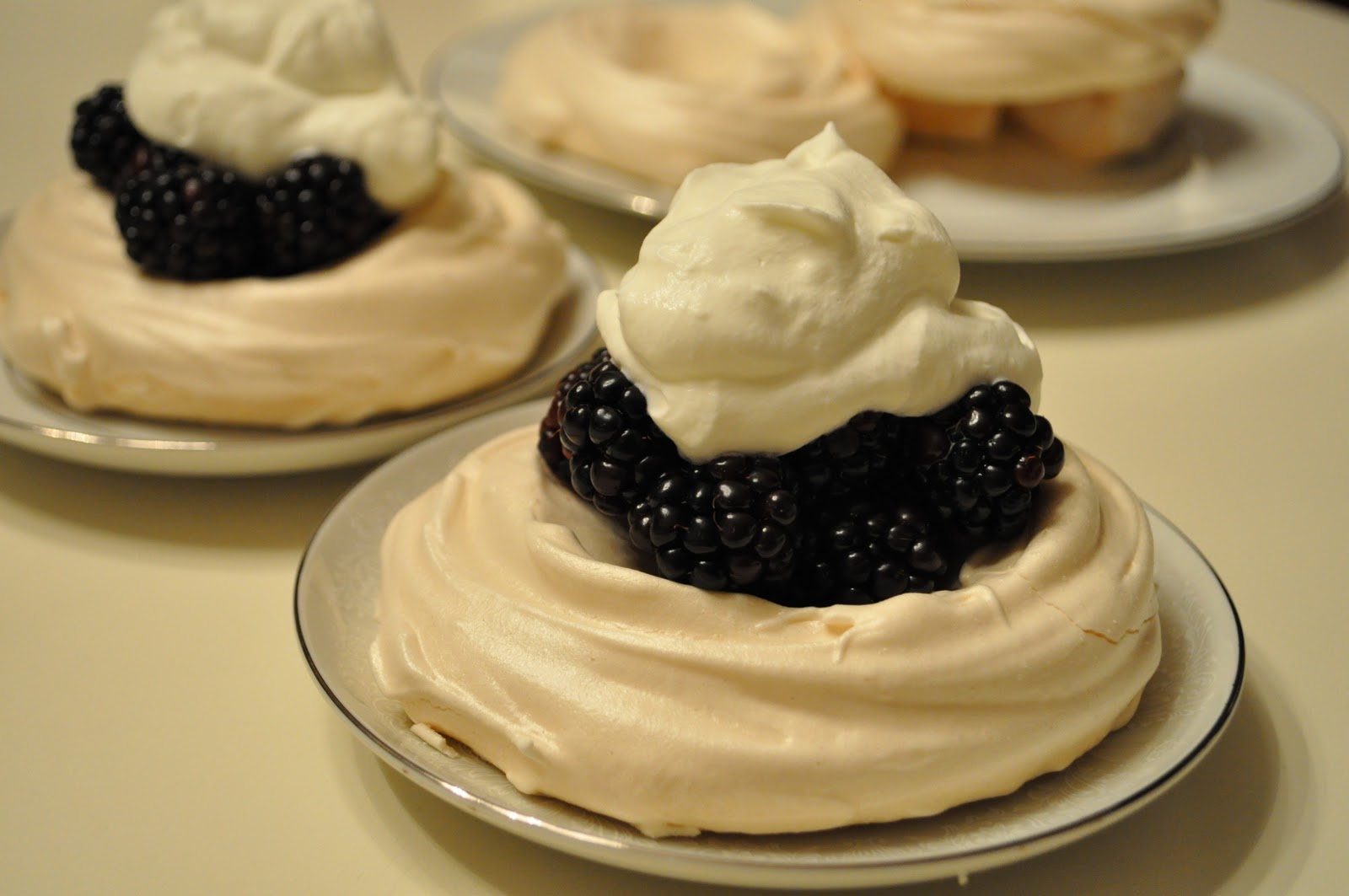 Kneading My Dream Meringue Nests with Blackberries and Cream