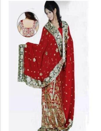 Red Faux Georgette Lehanga Style Saree with Blouse  -  Newly Arrived!