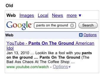 前のデザインの Google 検索で「Pants on the ground」と検索した画面の画像。