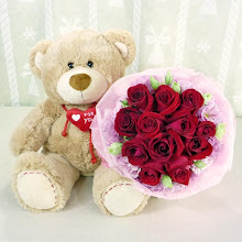 14 Inches (For You) Bear and 12 Red Roses with Pink Eustoma Handbouquet @ $118...