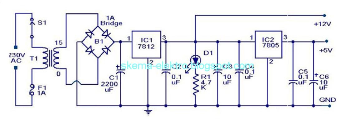 Adaptor 12 dan 5 Volt Asimetris schematic diagrams