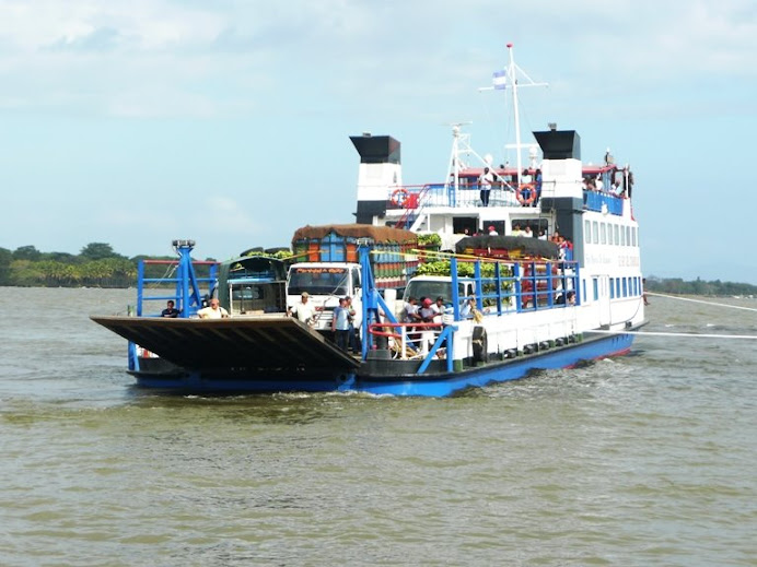 The new ferry, full up, coming into "port"