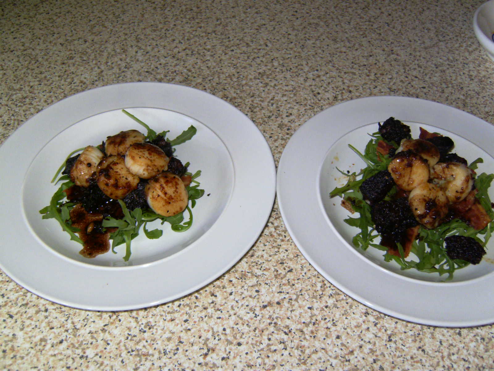 White Wine in the City Scallops with black pudding, crispy bacon and