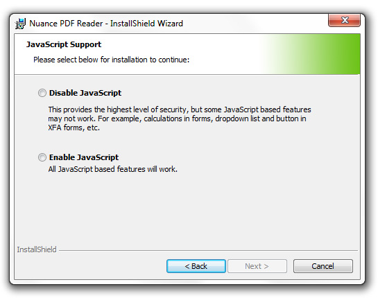 Nuance PDF javascript disable