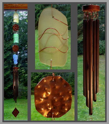 Handcrafted art wind chime, glass, copper